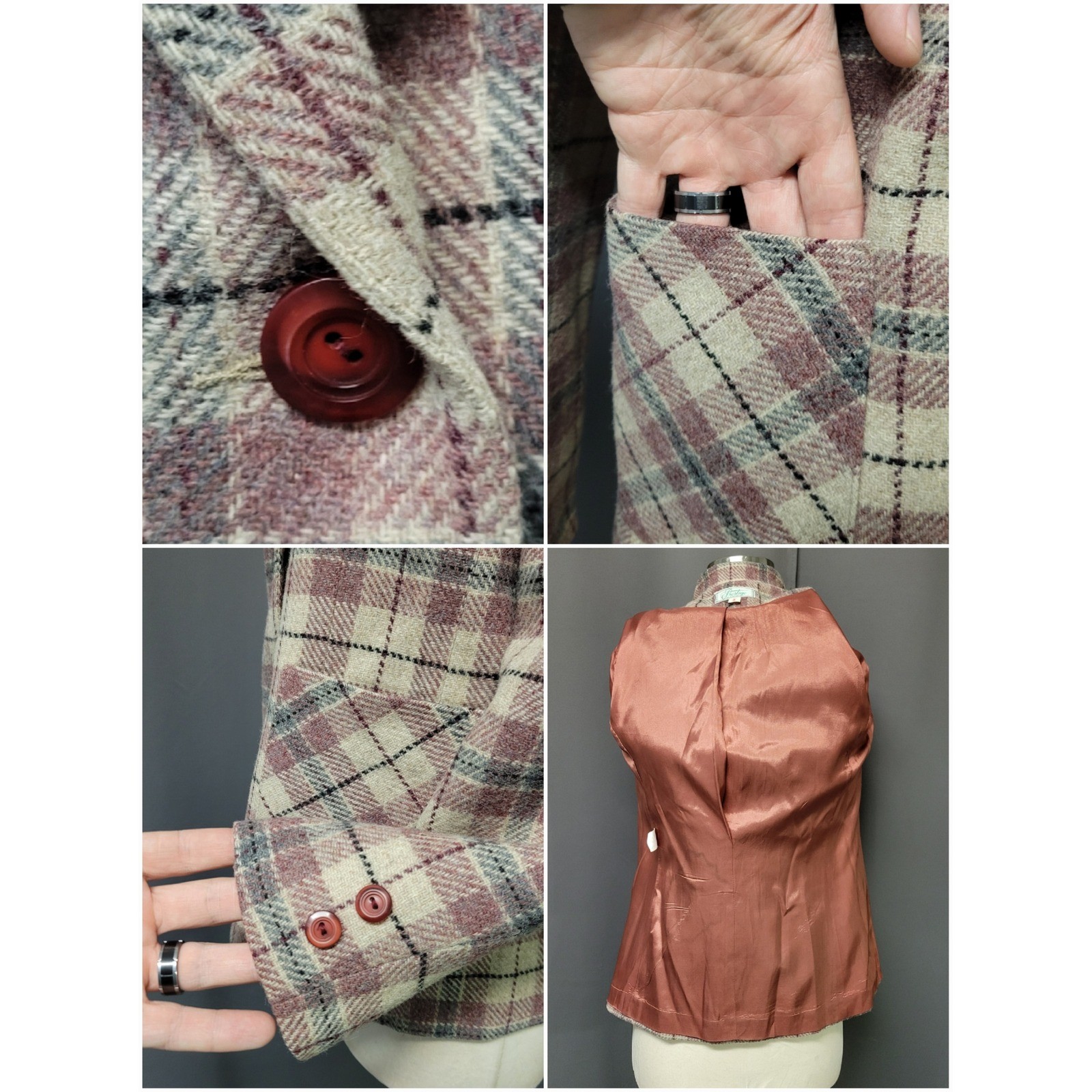 Prestige of Boston Blazer Pink Cream Plaid Wool Blend Vintage ILGWU Size 8