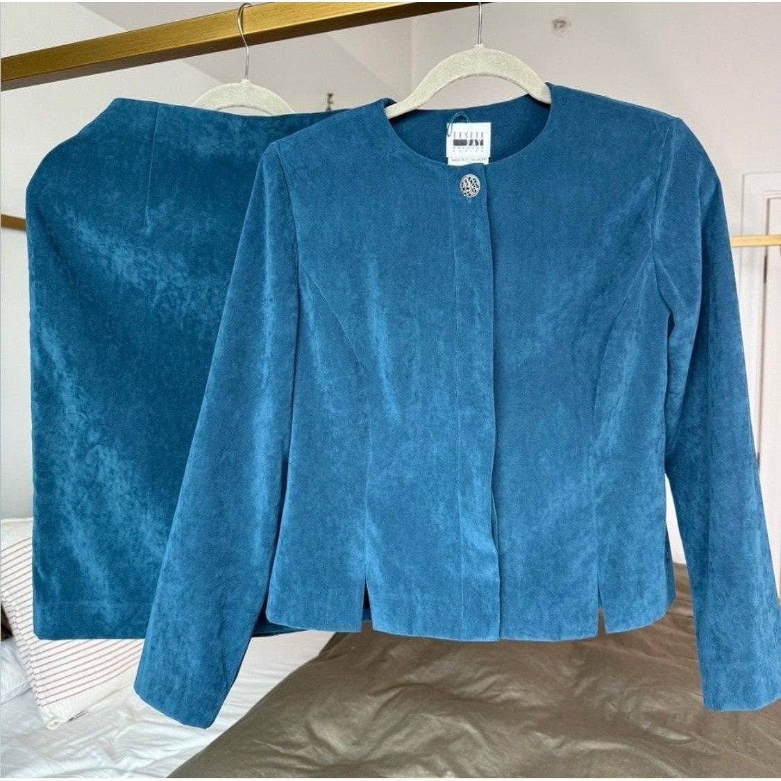 Leslie Fay Blazer & Pencil Skirt Set Women’s 6P Teal Blue Vtg 90s Y2K Mob Wife