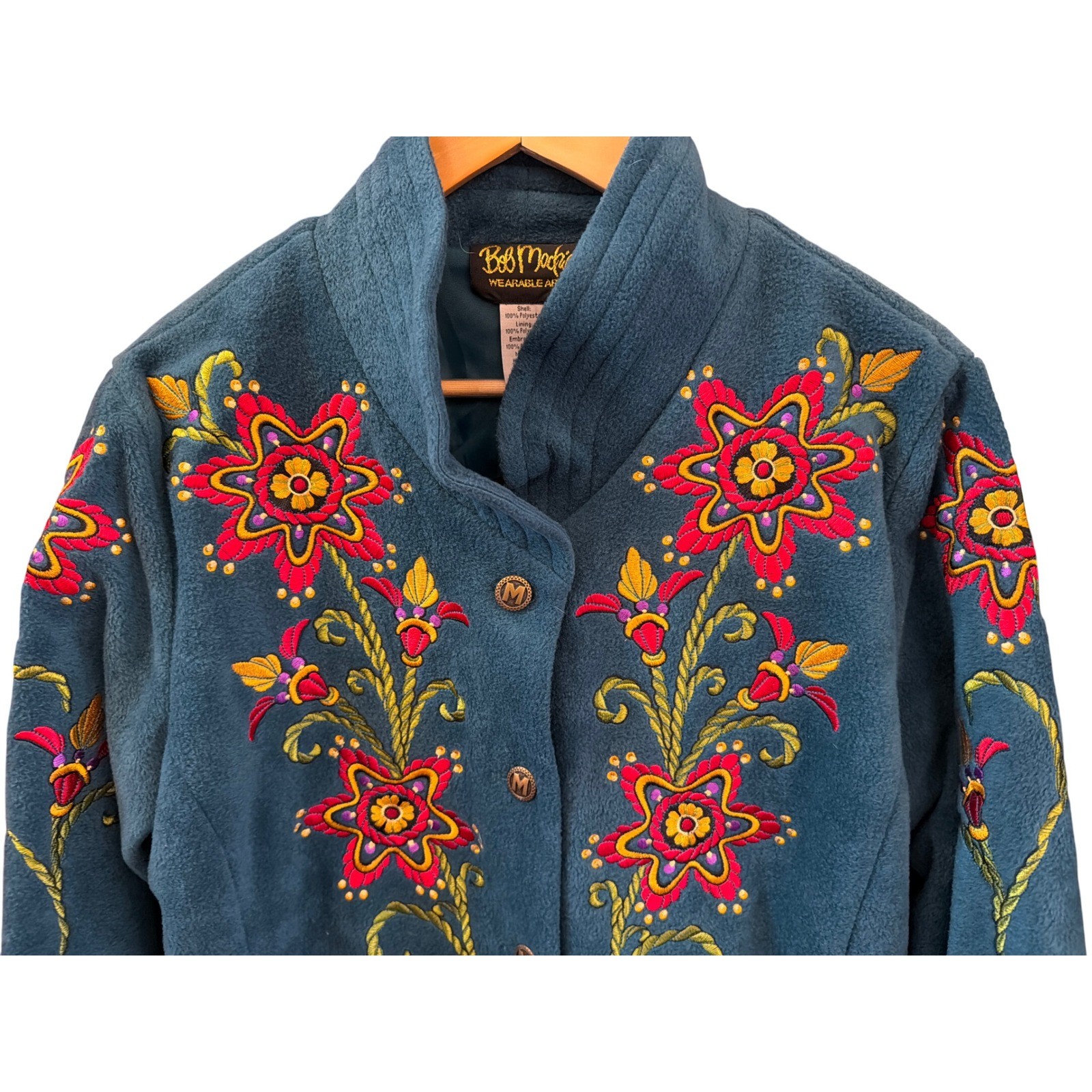 Vintage Bob Mackie Wearable Art Jacket Embroidered Floral Teal Boho Maximalist