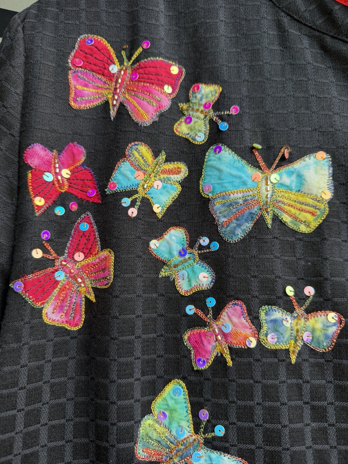 Vintage 80s Allure black embroidered butterflies sequins Asian blazer L glitter