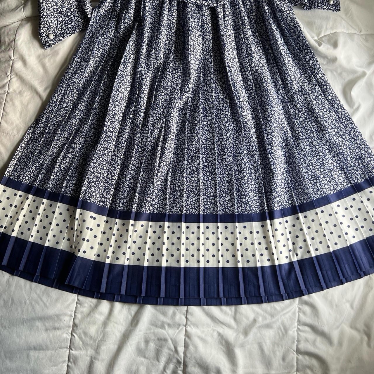 Vintage Pleated Dress Navy White Floral Polka Dot Long Sleeve