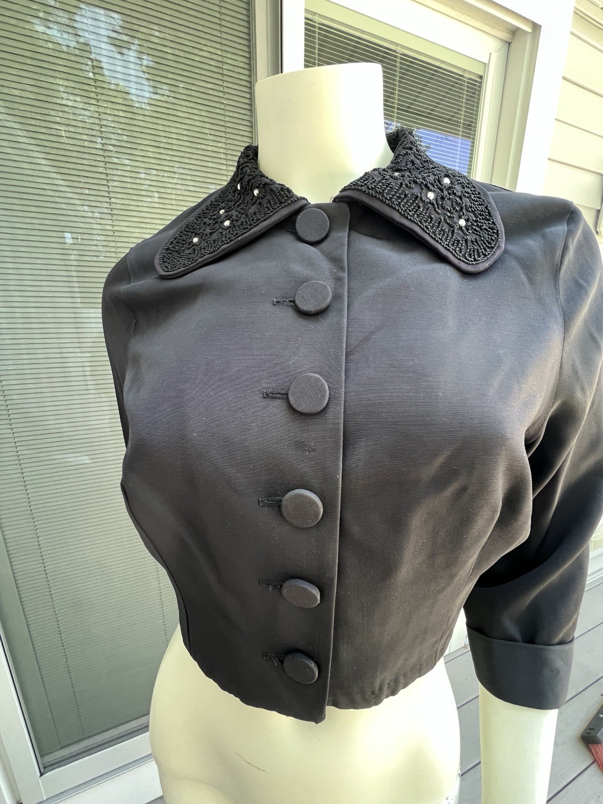 Vintage 40s – 50’s Black Faille Crop Top Jacket with Soutache and Rhinestone Tri