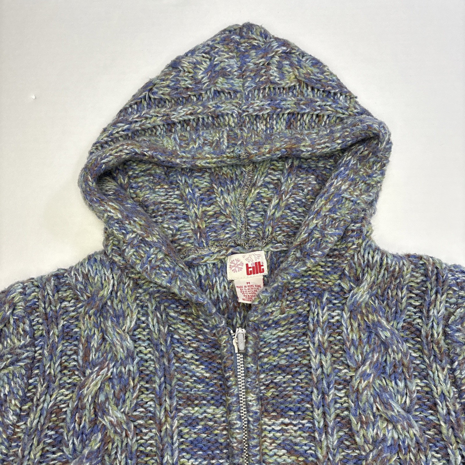 Vintage TILT Knit Zip Up Hoodie Sweater Sz M Cottagecore Blue Purple 90s Y2k