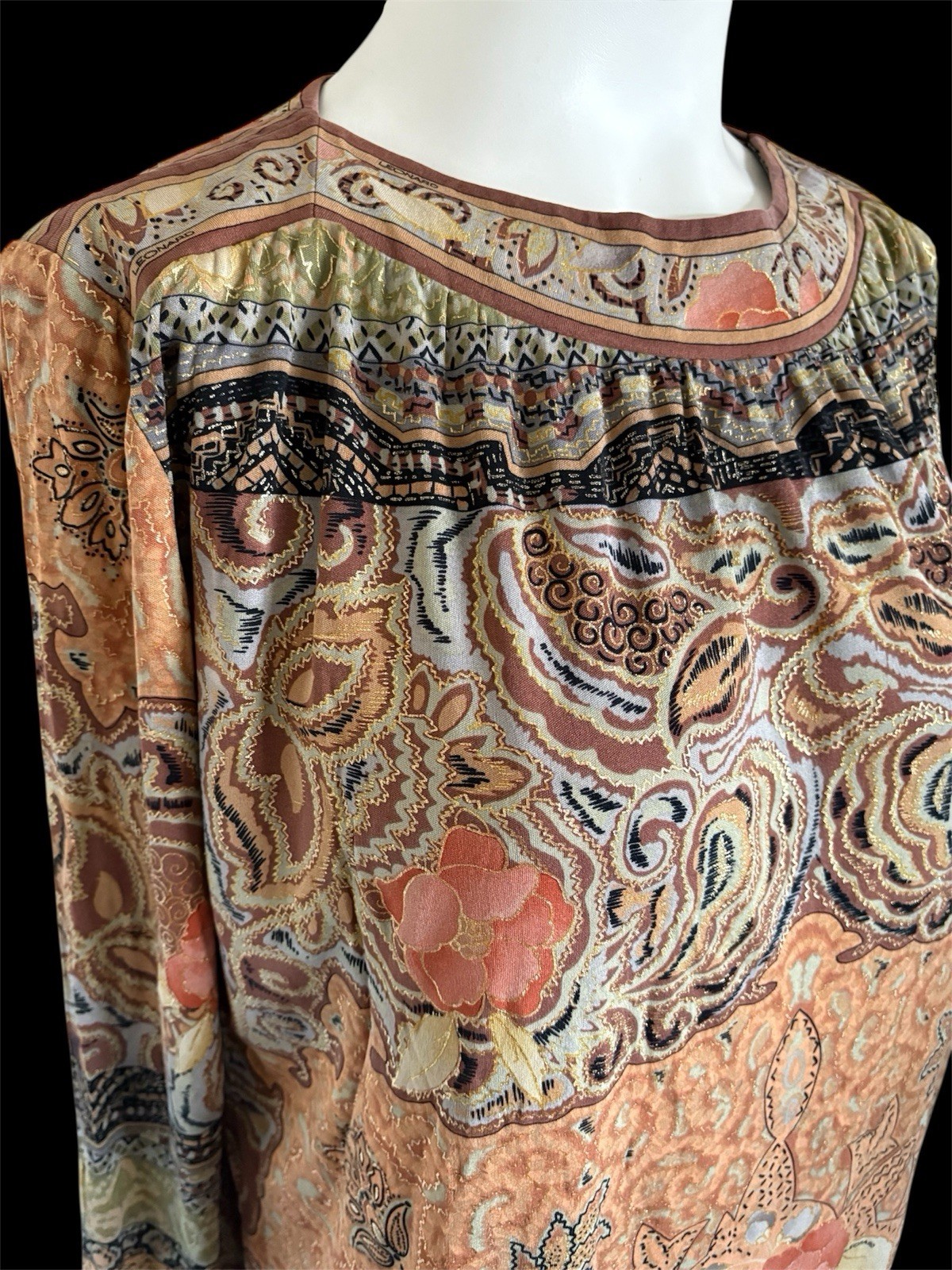 Vintage 70’s LEONARD Paris Silk Jersey Boho Floral Paisley Metallic Dress M-L