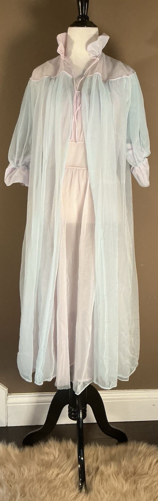 Vintage 60s Pink and Blue Sheer Peignoir Lingerie Robe Gown Set Sz 32