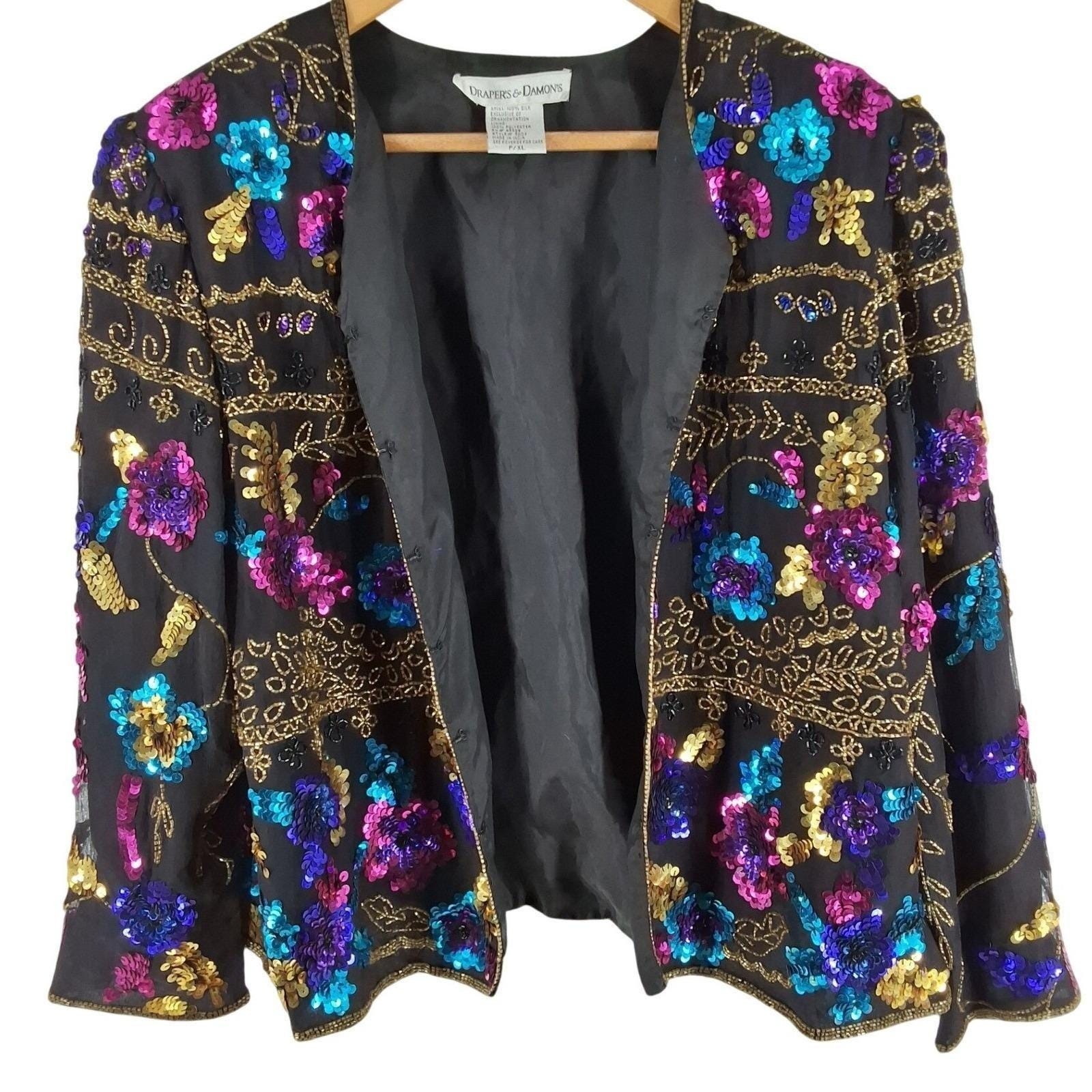 Vintage Drapers & Damons Silk Sequin Beaded Floral Evening Jacket Black PXL