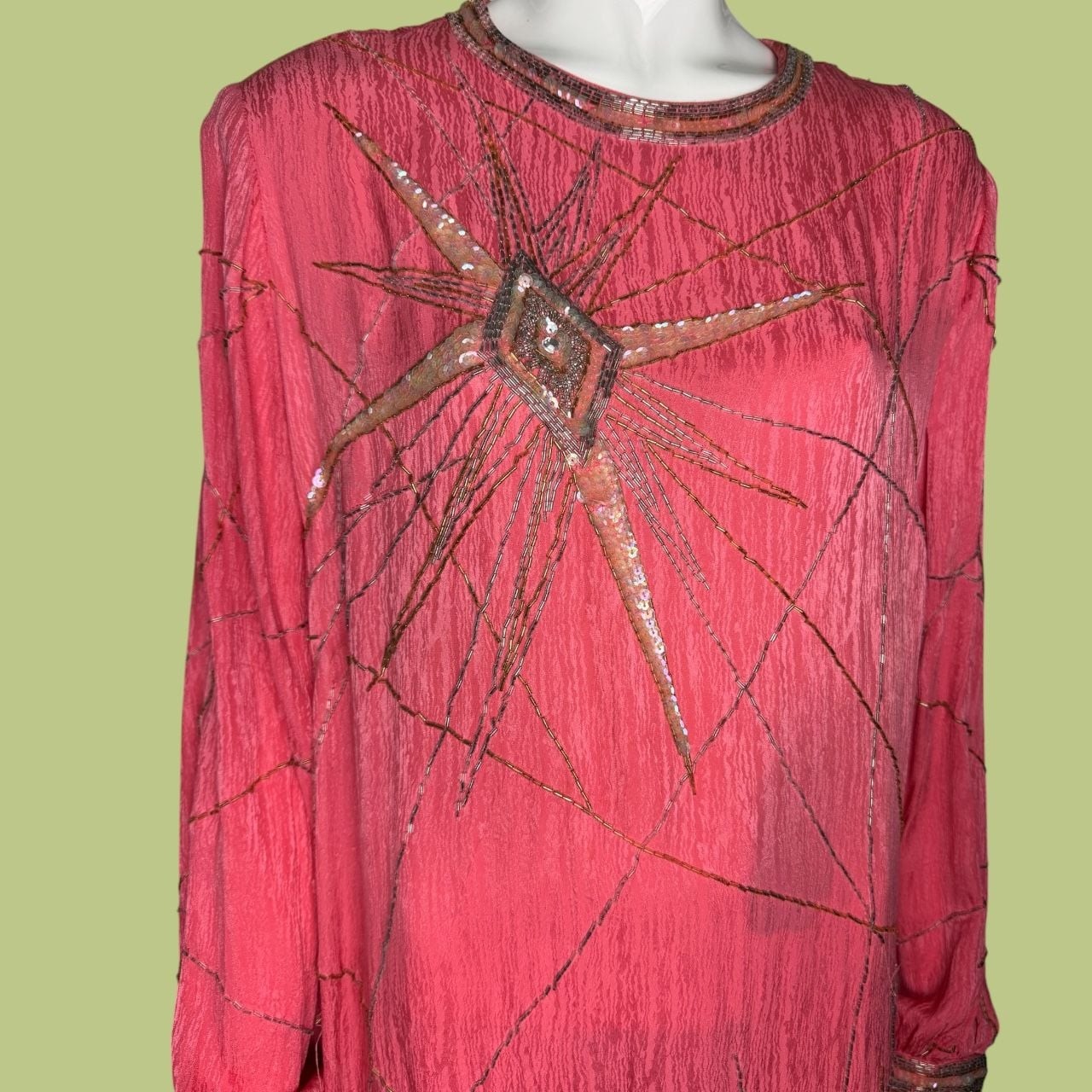 Vintage Silk Beaded Sequin Starburst Long Sleeve Dress 80s 90s