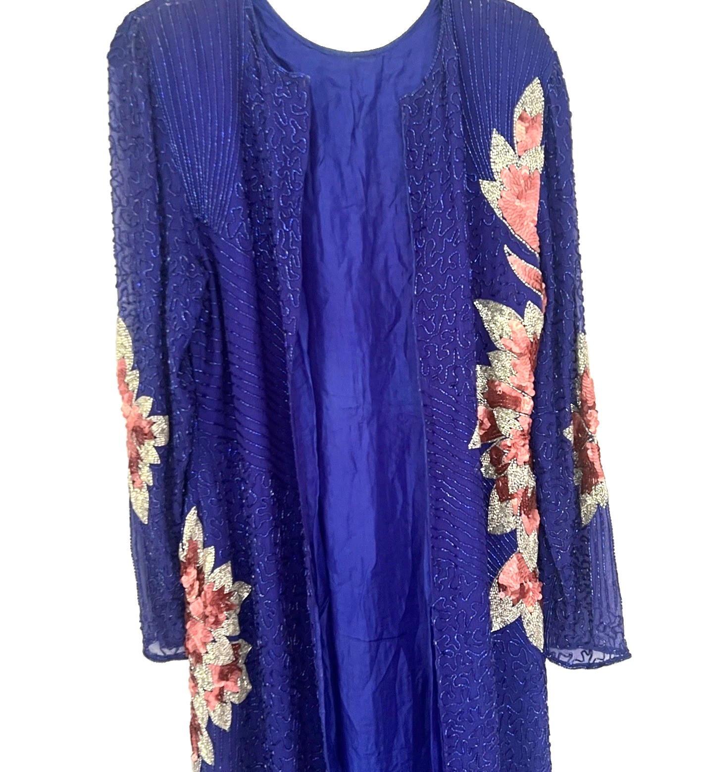 Vintage 80s Cobalt Blue Pink Silk Beaded Floral Maxi Duster Jacket Sequin