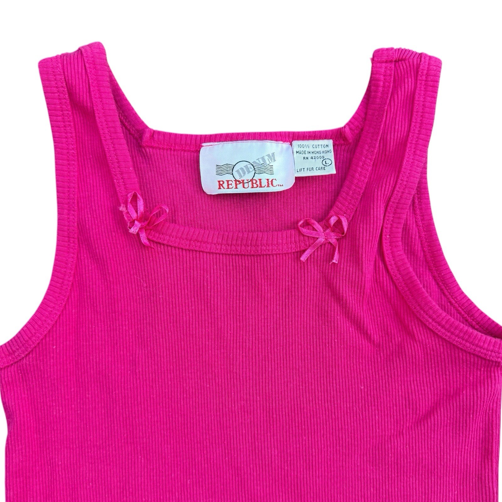 Sz L – Y2K Vintage Hot Pink w/ Bows Ribbed Tank Top Denim Republic 100% Cotton