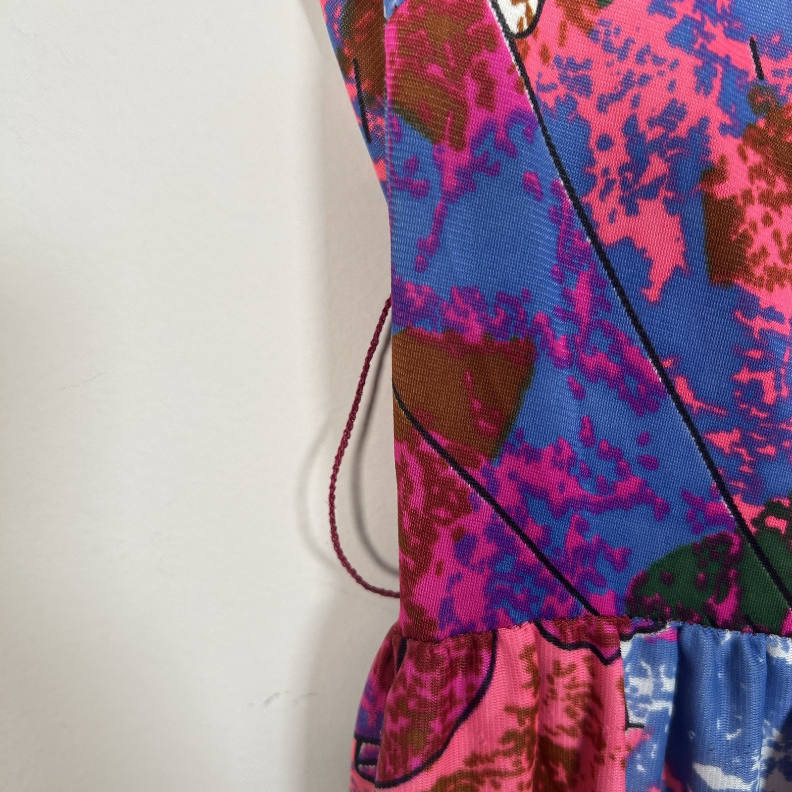 VTG 60s Floral Abstract Mock Neck Hippie Psychedelic Long Maxi Dress Sz M