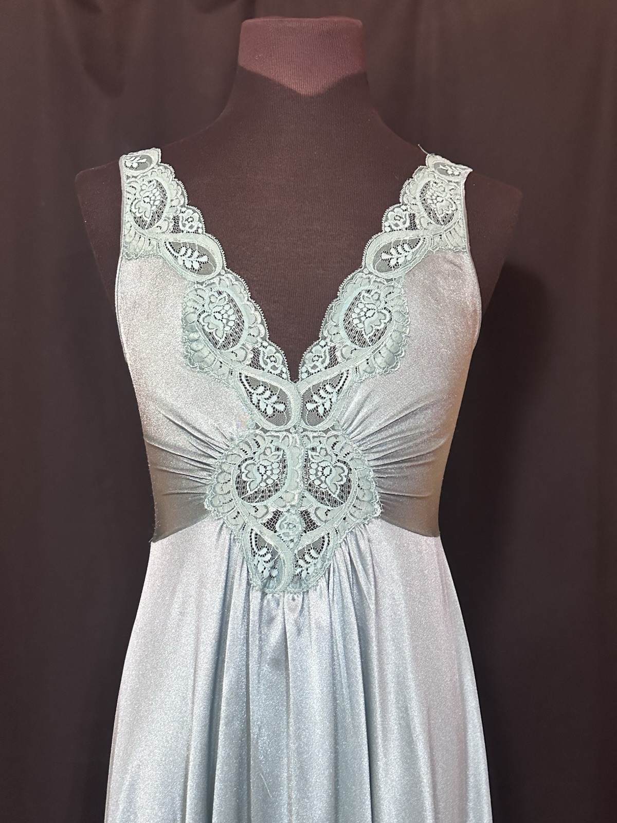 Vintage Olga 98280 Sage Green Full Sweep Nightgown Nylon Tricot Lace XL USA
