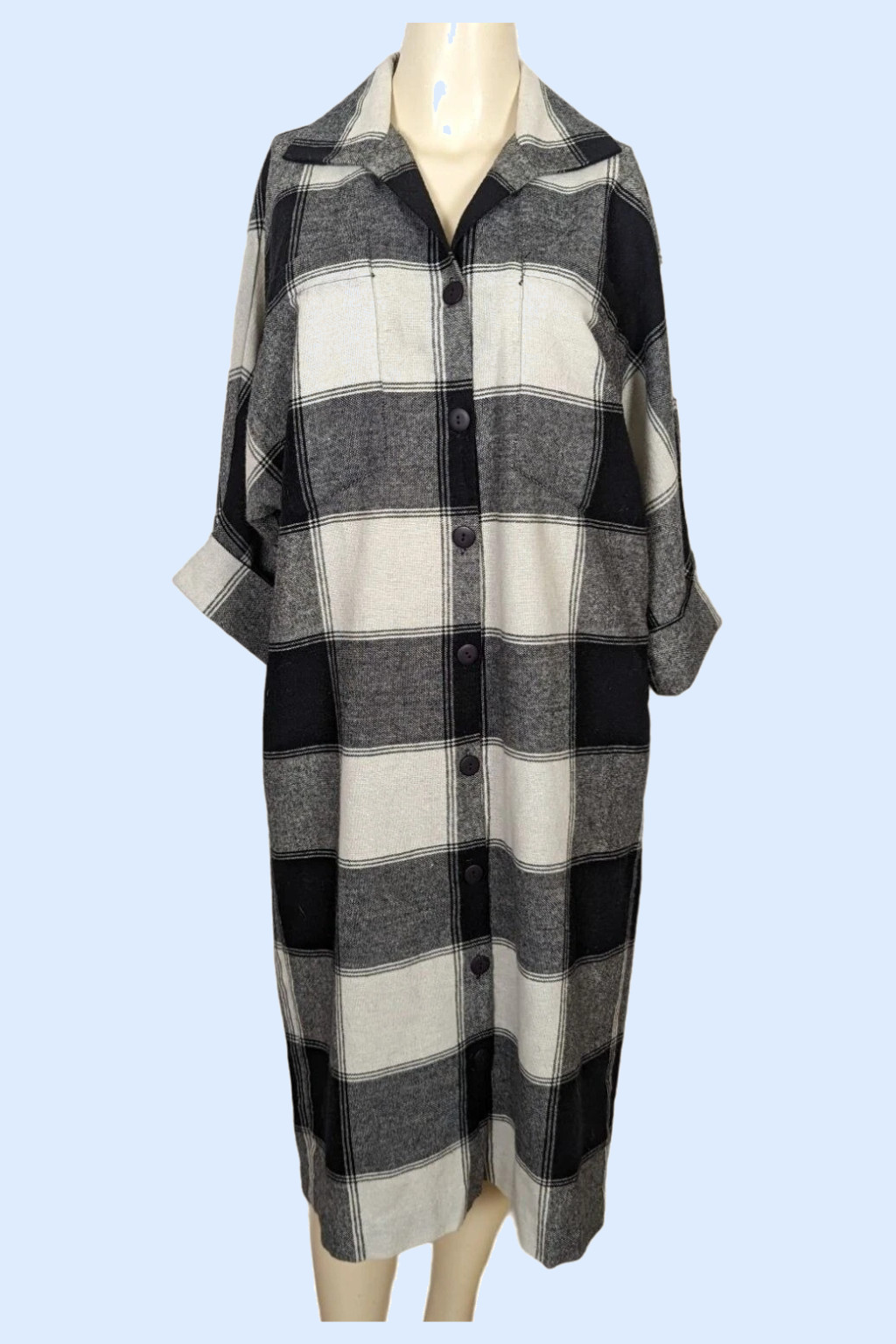 Vintage HIRSHIES black white plaid 3/4″ sleeve shirt dress minimalist Size 11-12