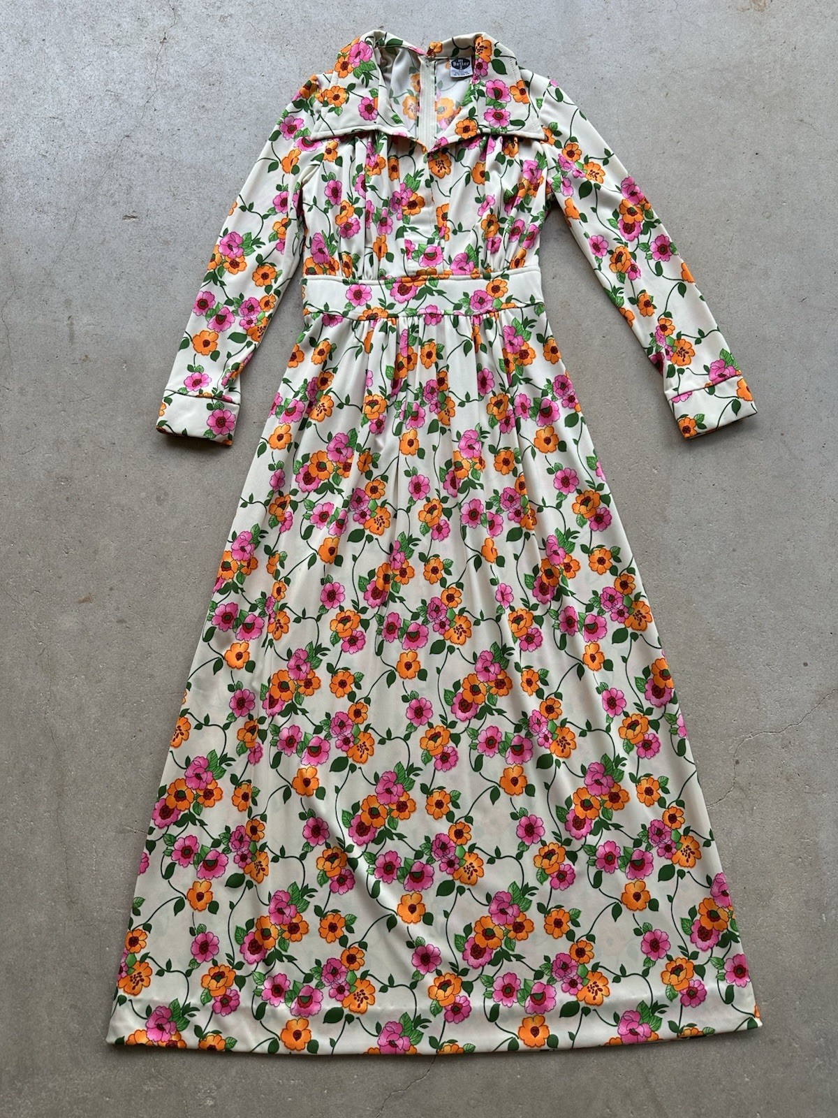 1970s Floral Maxi Dress Wide Collar Scovill Zip Mod Boho Hostess Novelty VTG S M