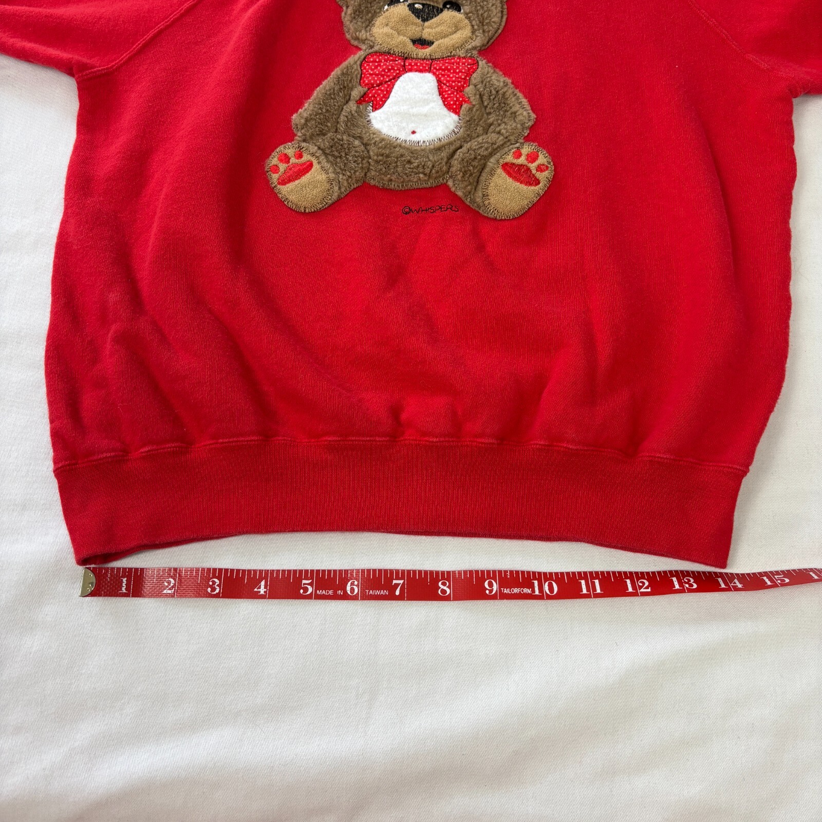 Vintage 90s Whispers Teddy Bear Red Raglan Sweatshirt Fur 3D Applique Womens XS
