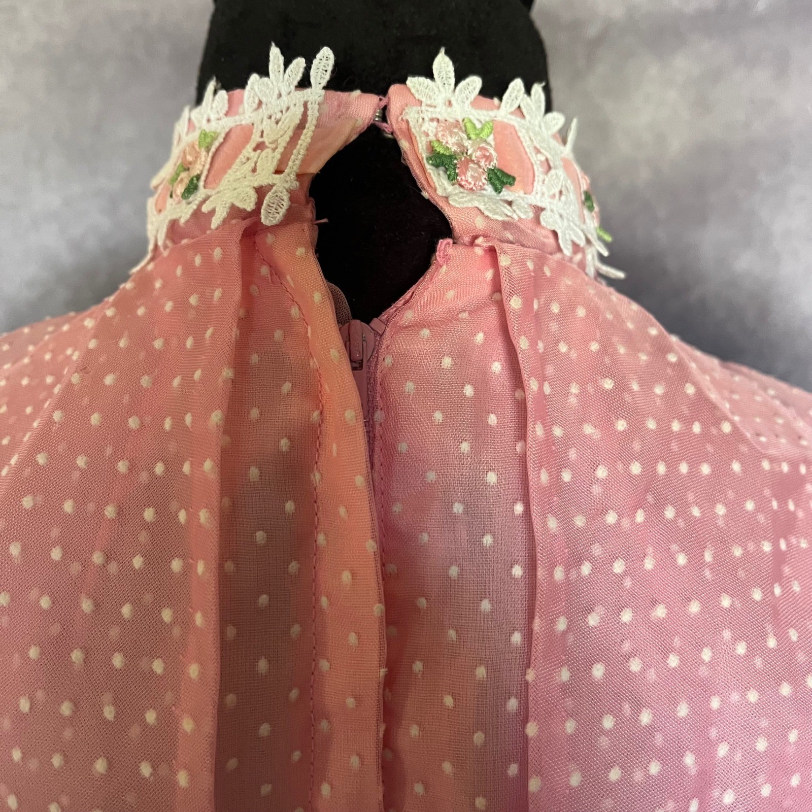 Vtg 50s 60s Pink Maxi Dress S Dotted Swiss Overlay Floral Lace Caped Gown MCM