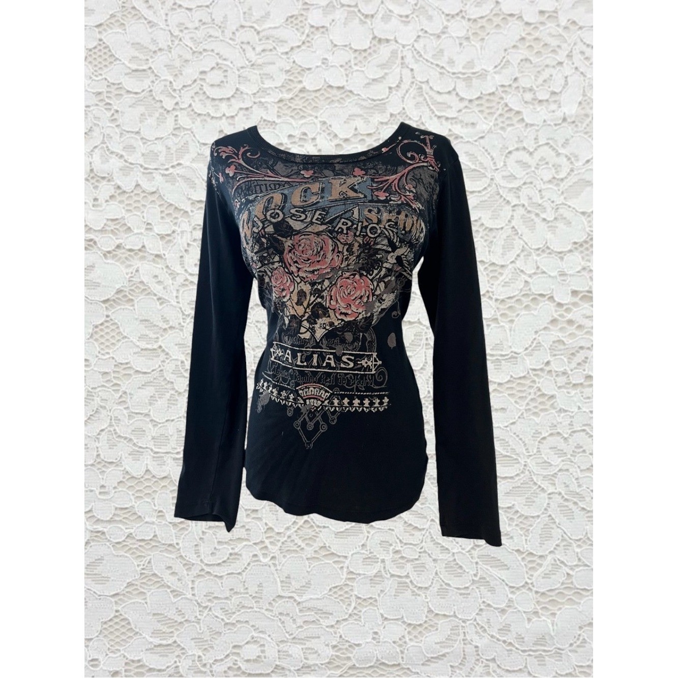 vintage grunge black long sleeve top with rose graphic