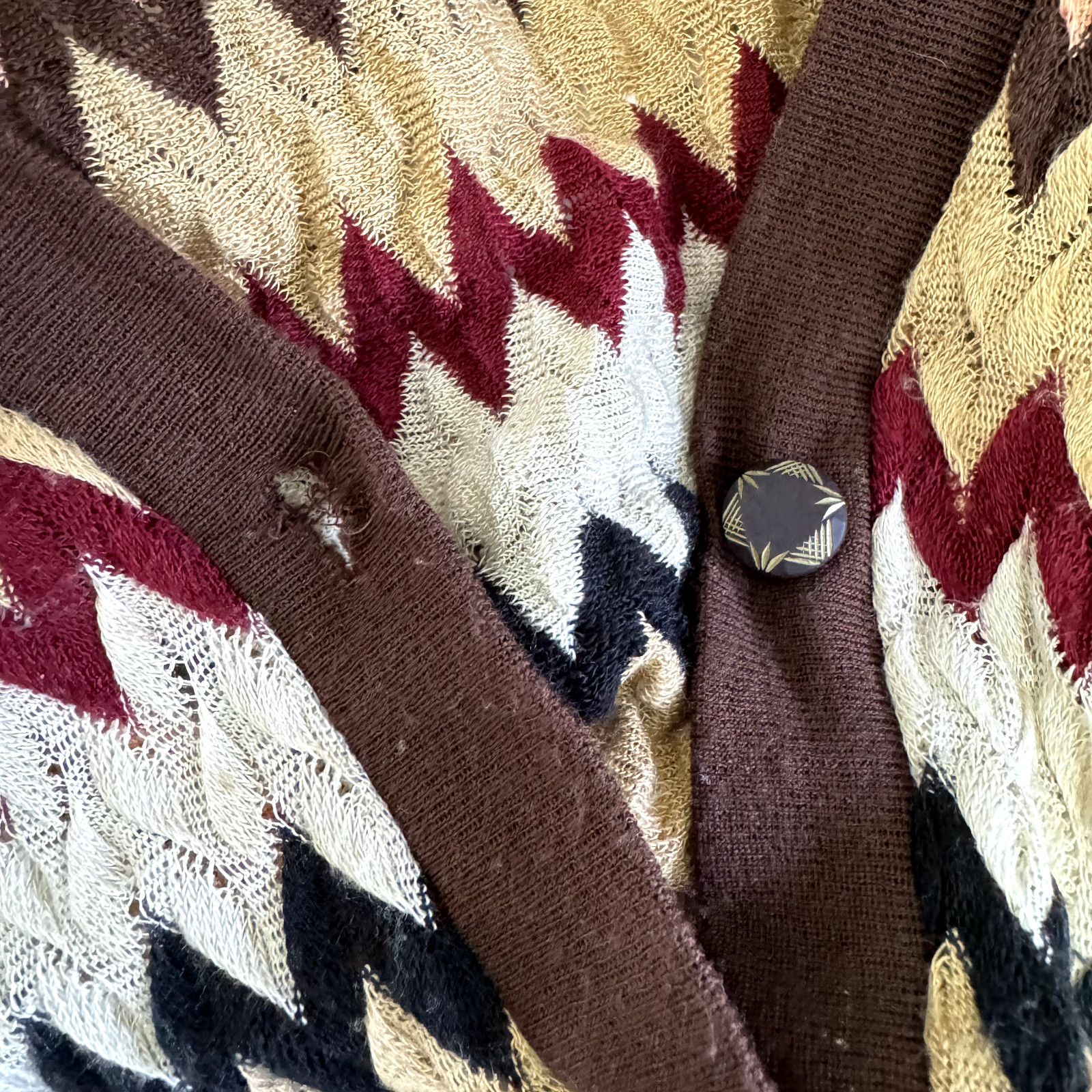 Vintage 90s Y2K Anna Sui Sweater 12 / L Chevron Cardigan Knit Tan Brown Retro