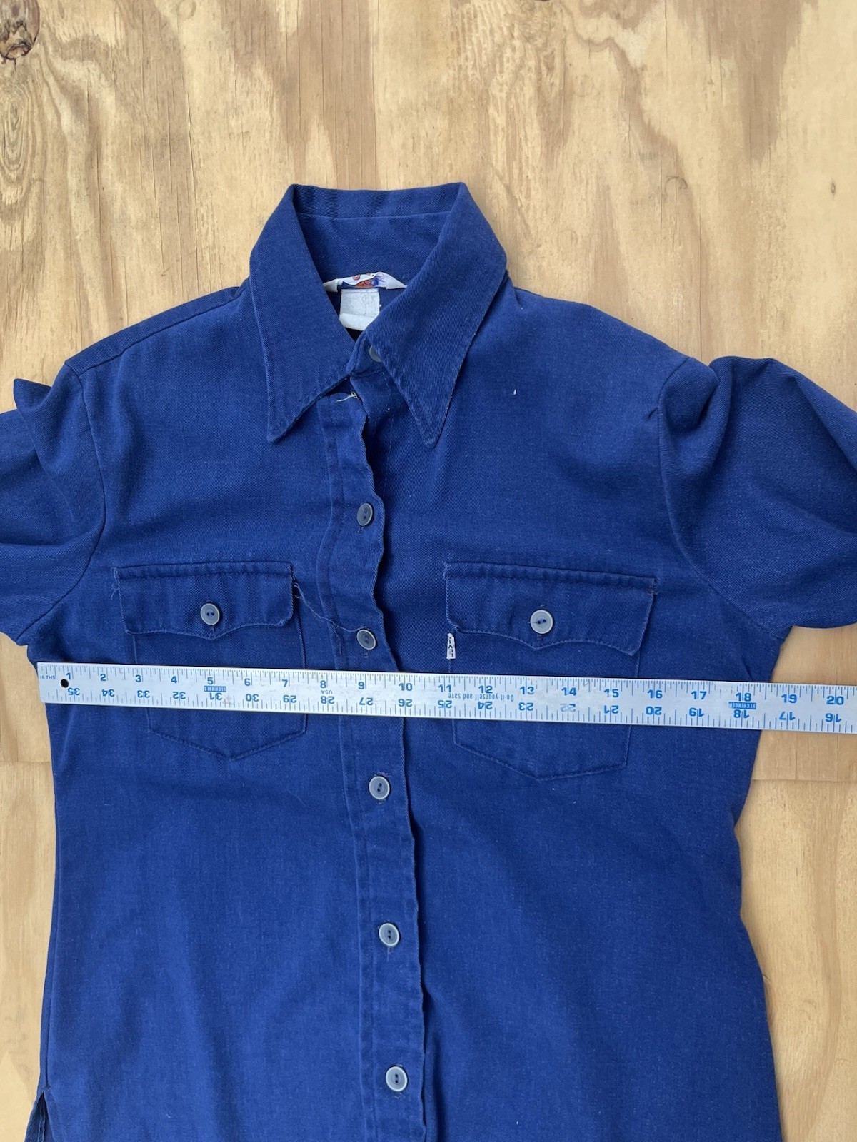 Vintage 70s Levis Big E Tab Work Shirt Blue Long Sleeve Pocket Women’s Small
