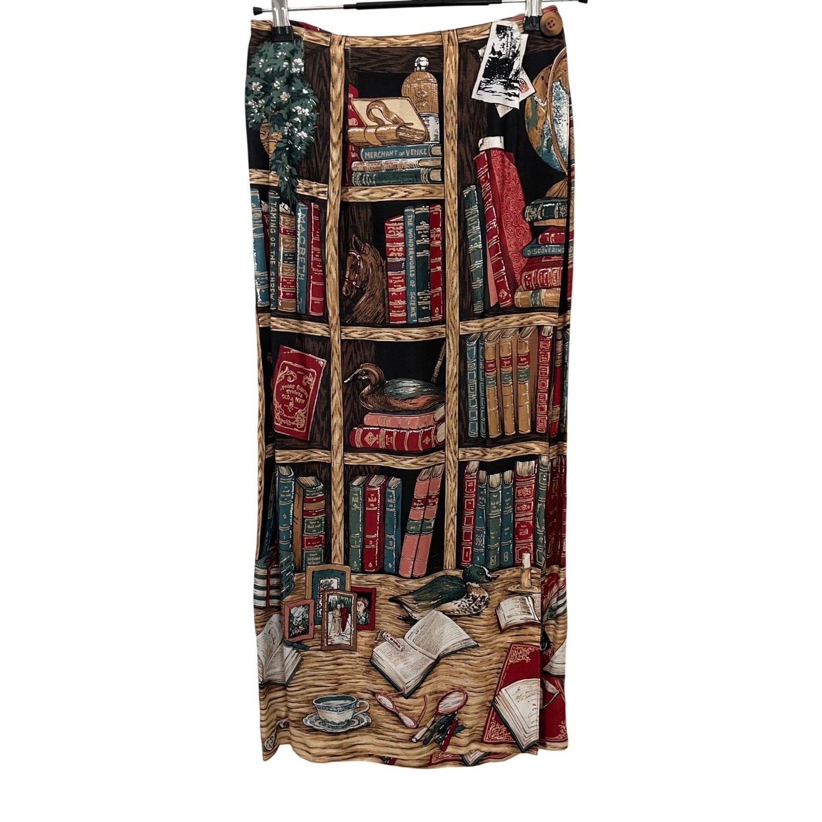 Sharon Young Vintage Library Bookshelf Print Maxi Wrap Skirt 24″ Waist Size 8