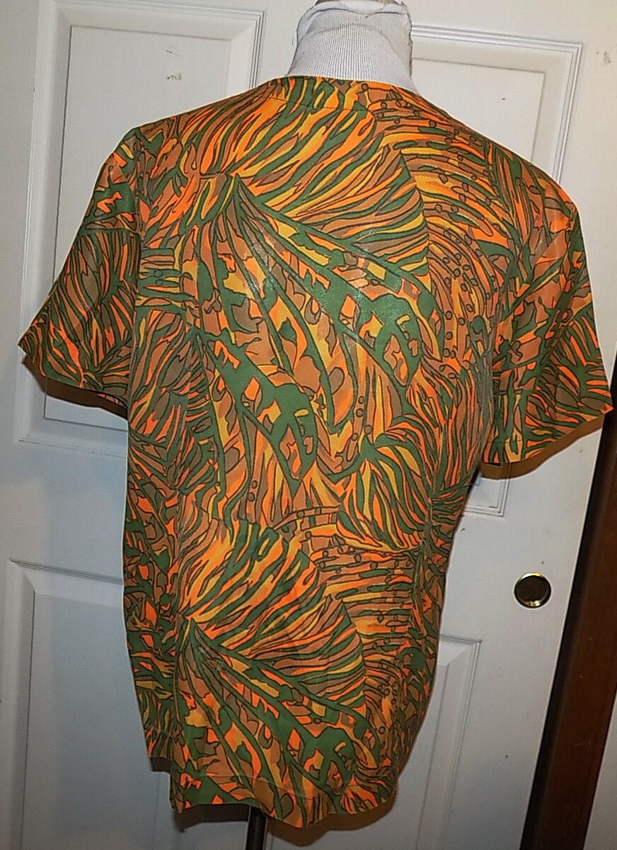 Vintage Orange Green Polyester Short Sleeve Blouse Top B44 Abstract Leaves