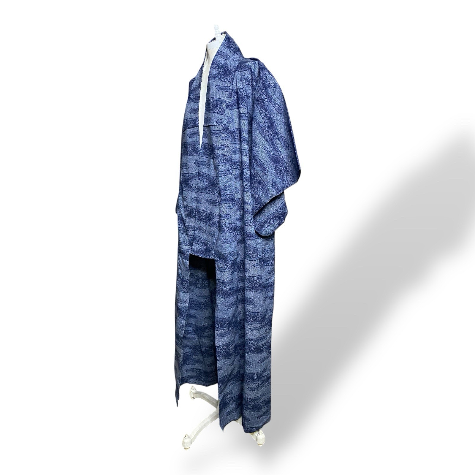 Vintage Kimono Robe Blue Hand Dyed Cotton Full Length 1970s Unisex OSFA Japanese