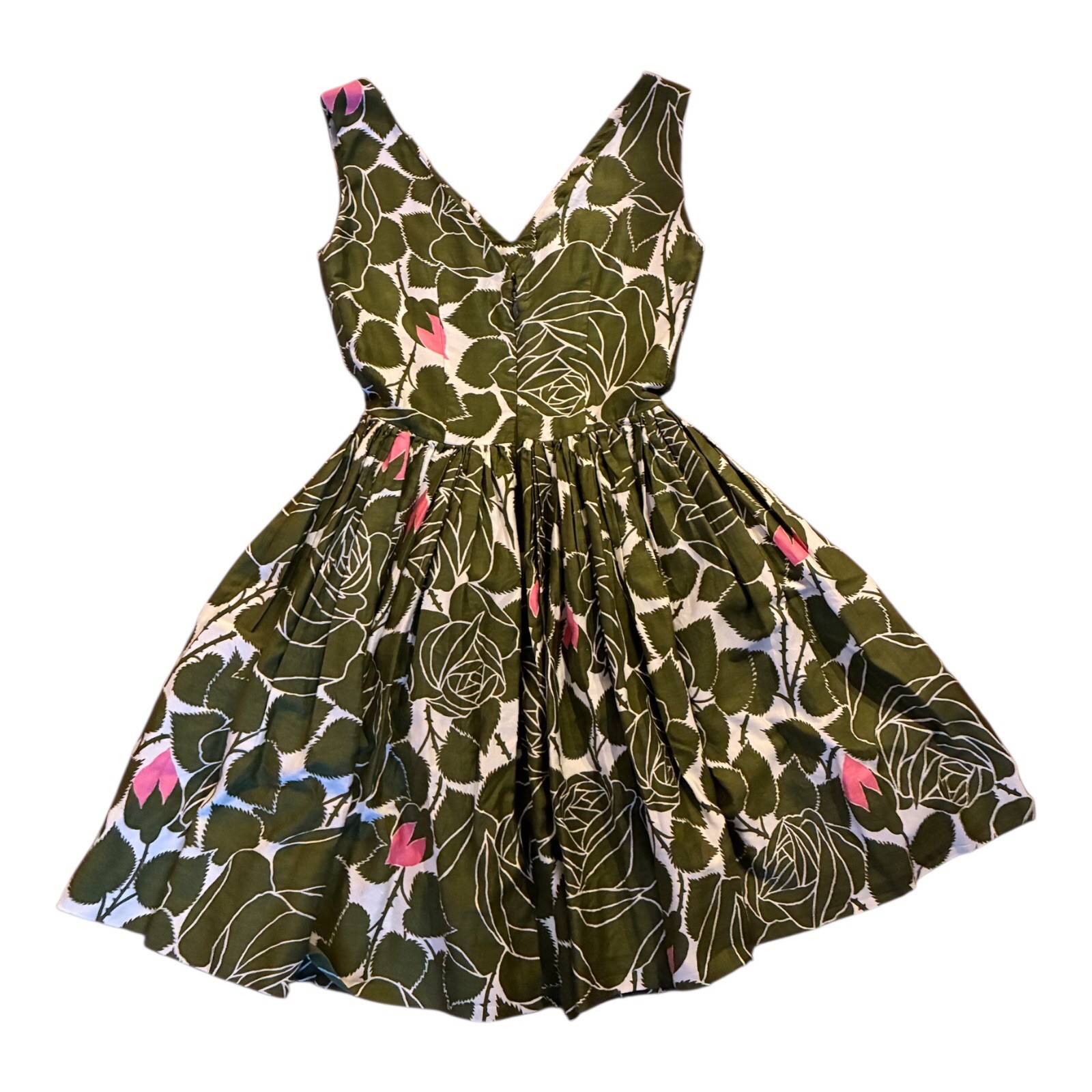 Vintage Everfast Fabrics Retro Green Floral Roses MCM Dress Fit & Flare XXS 00