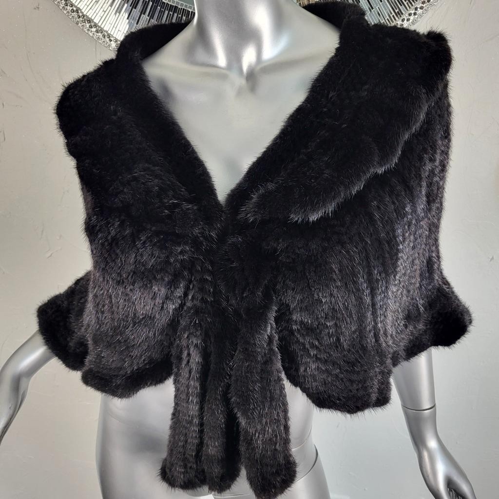 SAKOWITZ~S/M/L~VINTAGE BLACK KNITTED GENUINE REAL MINK FUR STOLE WRAP CAPE COAT