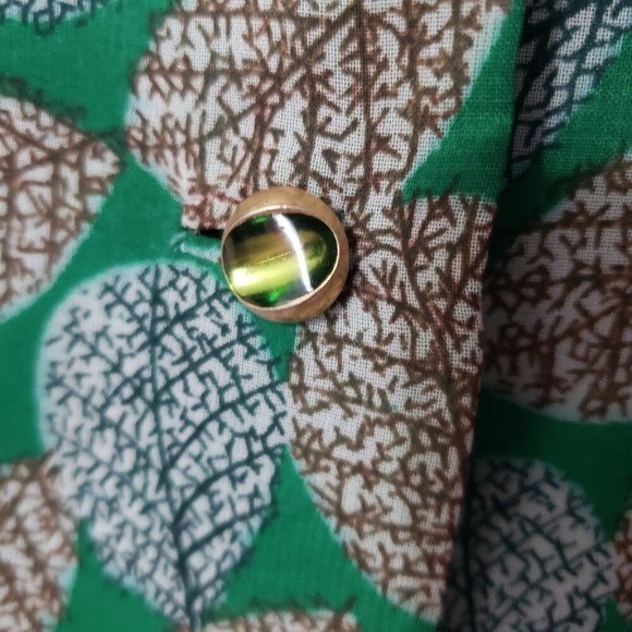 Vintage Union Dress Maker Green Leaf Print Pussy Bow A-Line Dress Short Sleeve