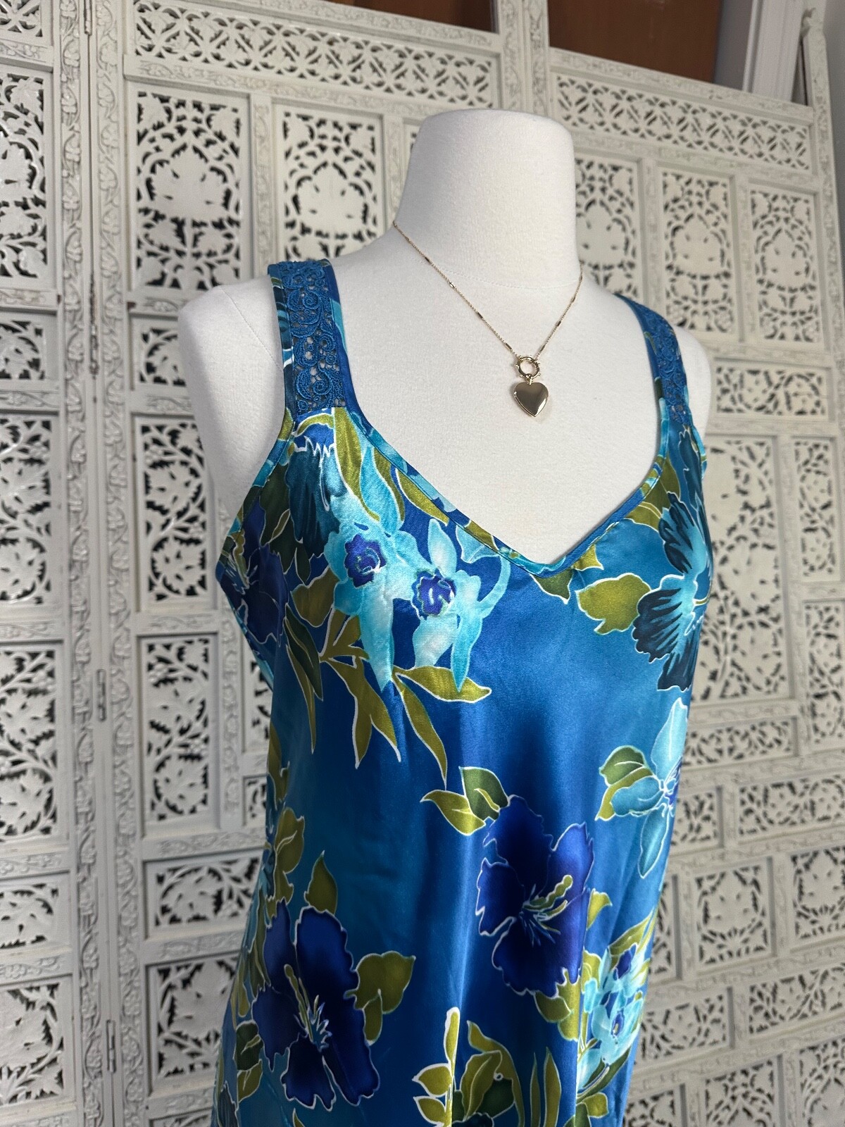 Vintage Blue And Green Floral Satin Slip Dress With Crochet Straps Sz Medium