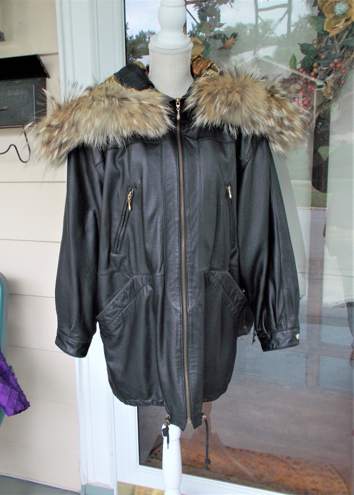 Vntg Jacqueline Ferrar Genuine Leather Jacket Coat Black W/Coyote Fur Hood L/XL