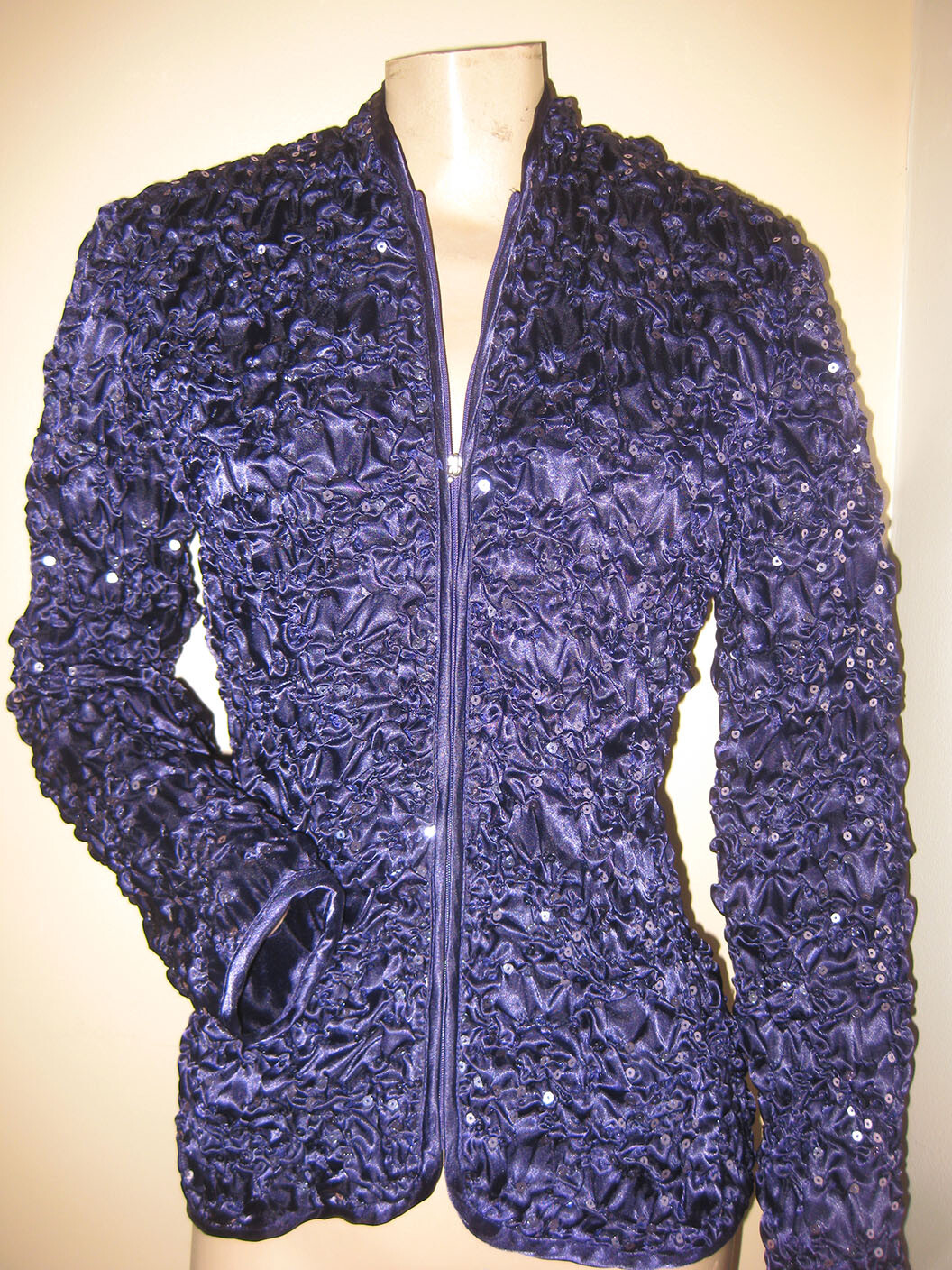FABULOUS!! Vintage 80s Glam Scarlett Nite Purple Satin Sequin Zip-Up Jacket XS/S