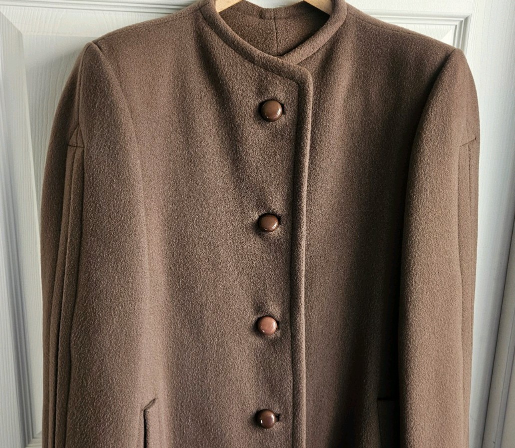 Vtg Sycamore Womans Brown Scarf Wrap Wool Coat Made In USA 100% Wool Read Desc.