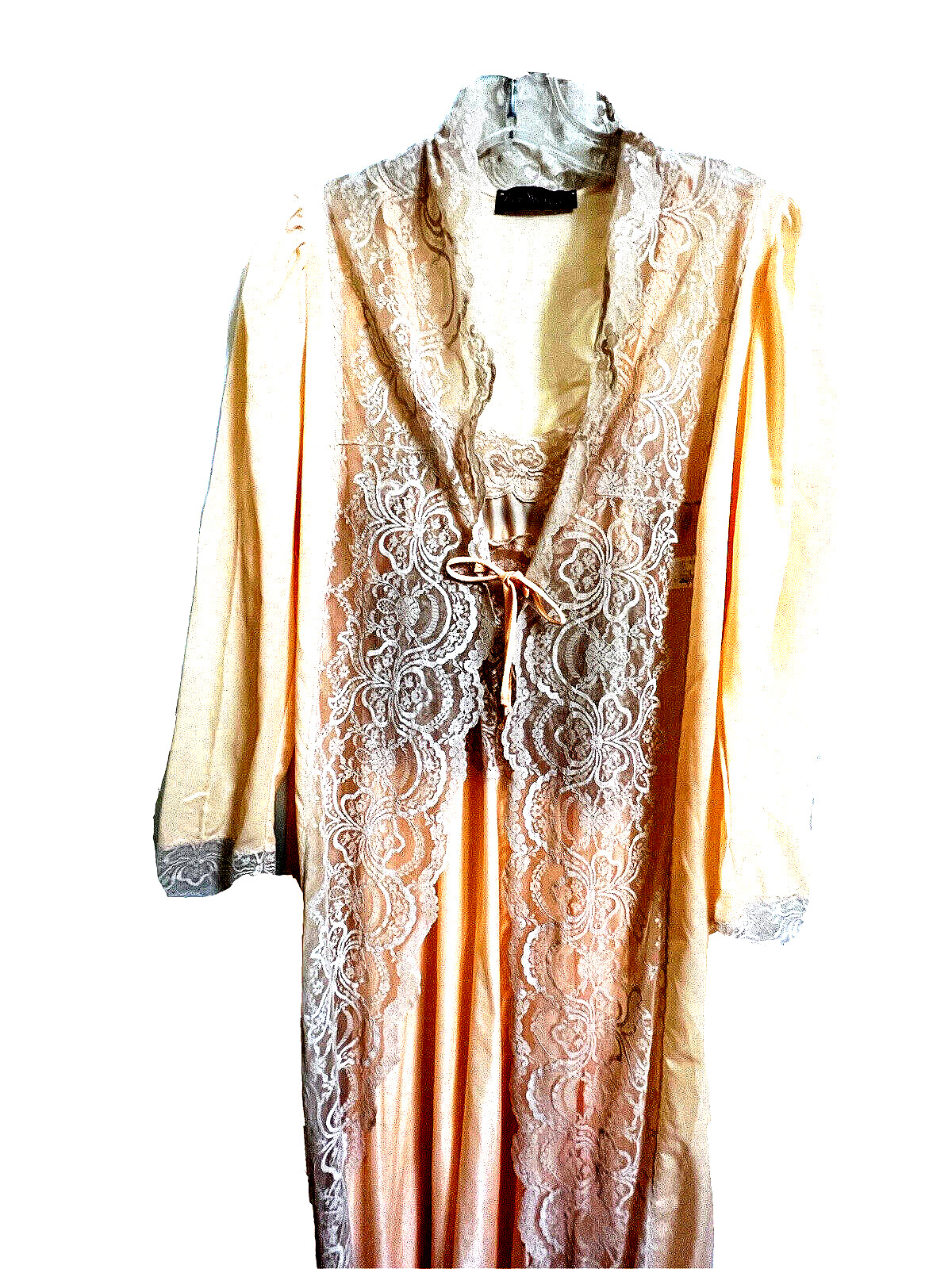 Sheer Madness Peach Satin Lacy Long Nightgown Matching Robe Set P / Petite VTG