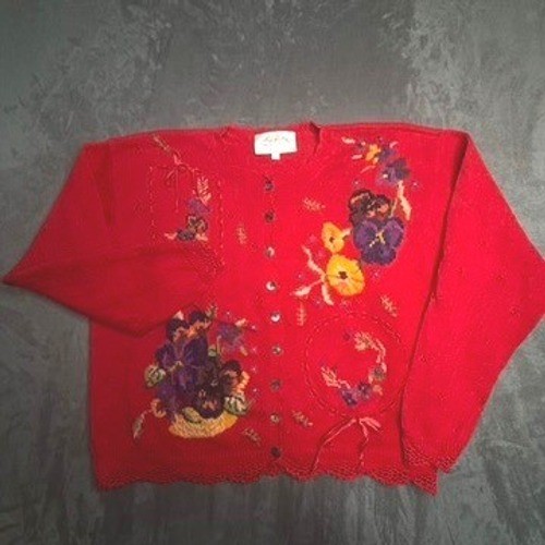 Susan Bristol Cardigan Sweater Womens L Red Hand Embroidered Floral Vintage 90s