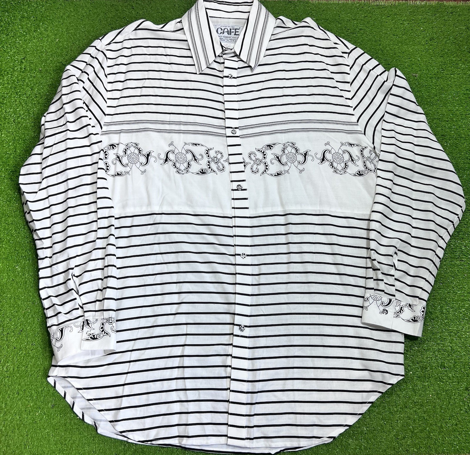 Vintage 70s Button Up 2XL Black White Stripe Floral Motif Leaf Scroll USA Made
