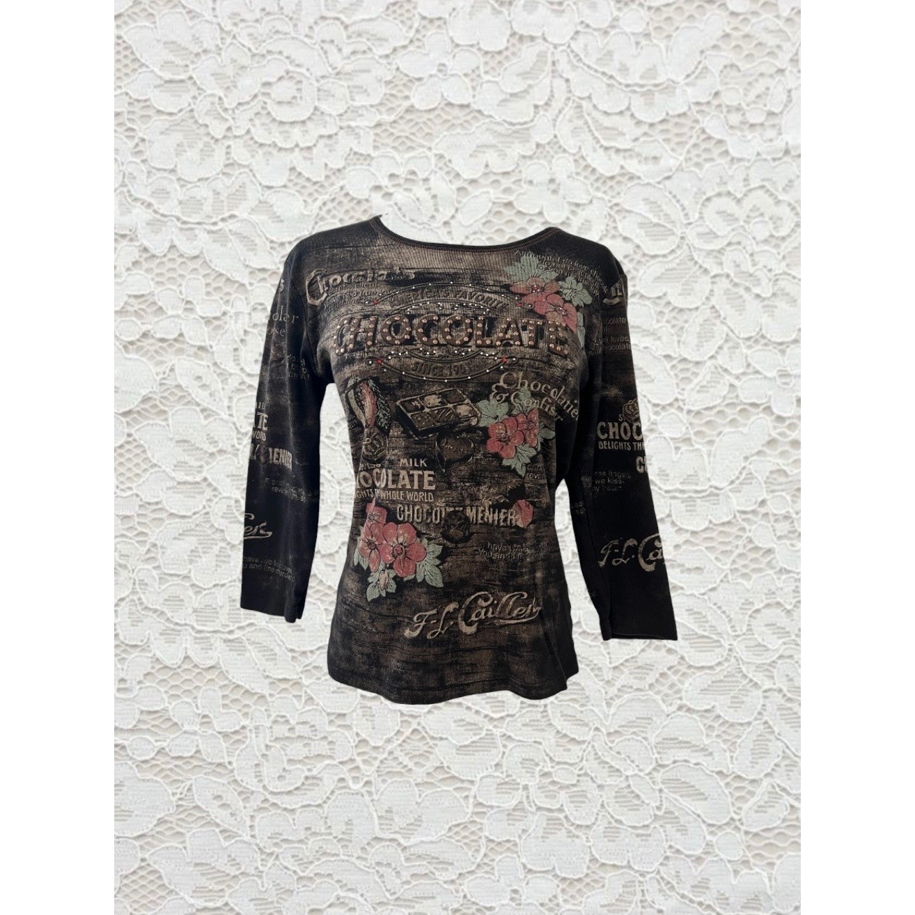 vintage fairy grunge graphic rhinestoned 3/4 sleeve top