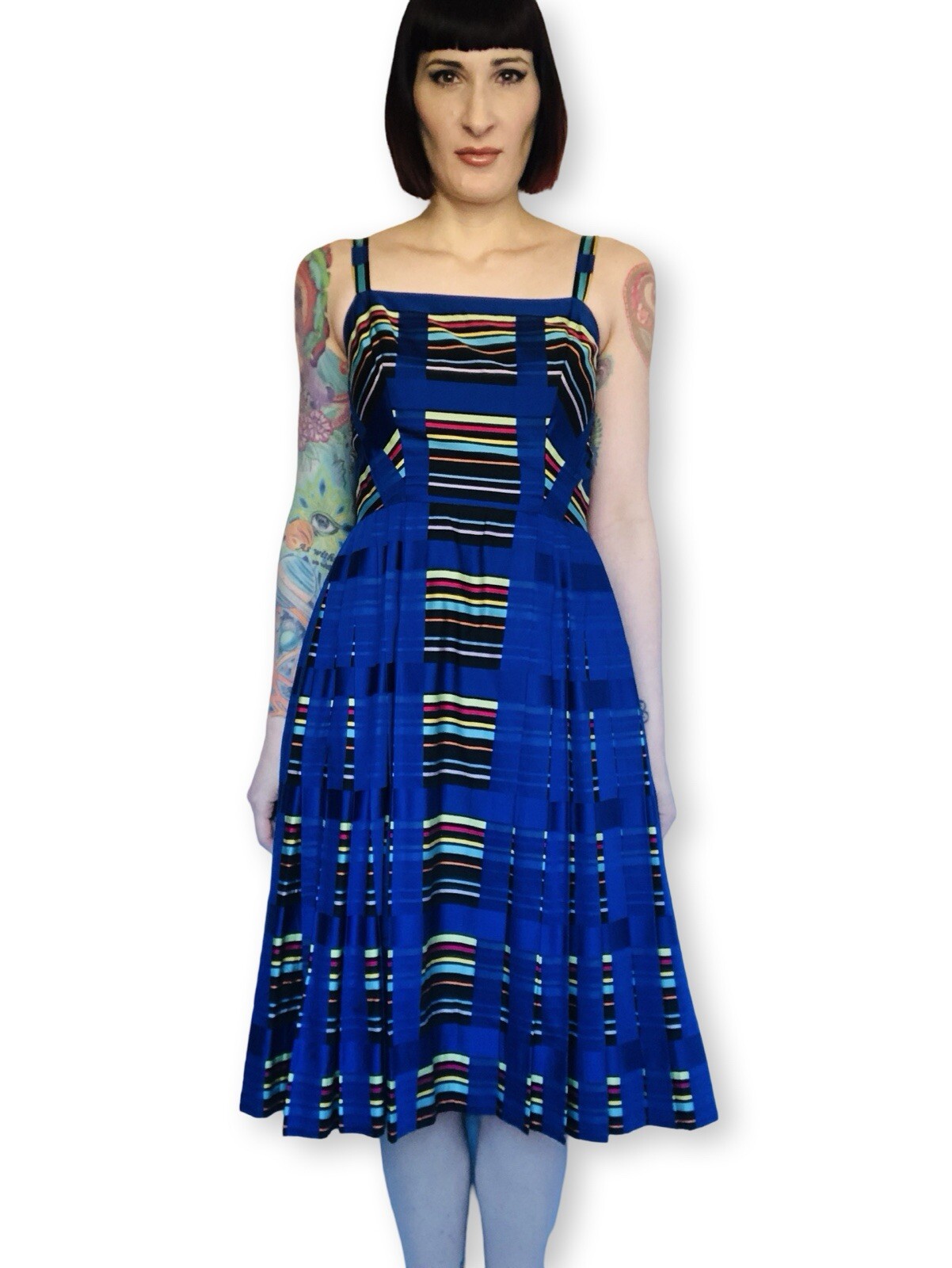 Vintage 1950s 50s Rainbow Striped Blue Cotton Pleated Dress Sundress Small