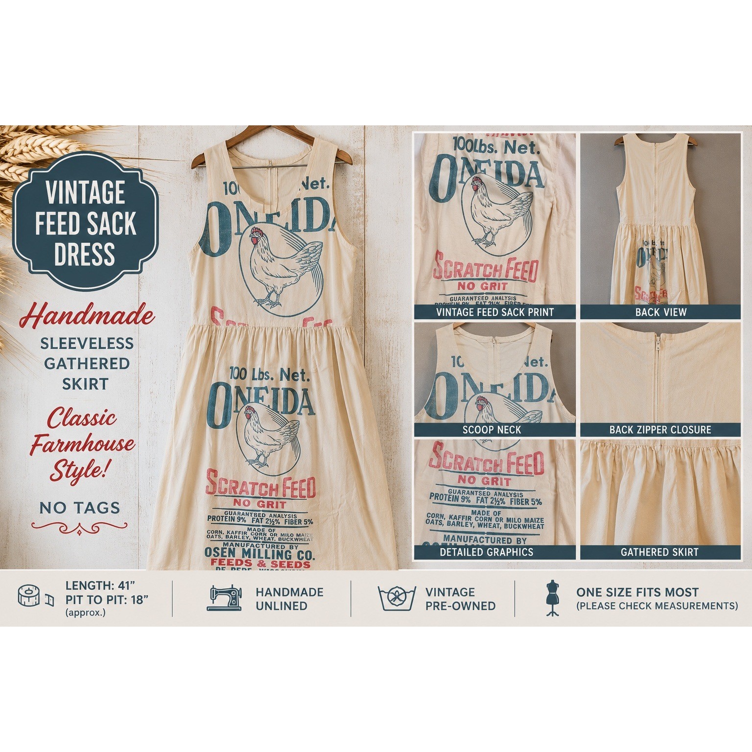 Vintage Handmade Oneida Scratch Feed Sack Dress Osen Milling Chicken Print USA