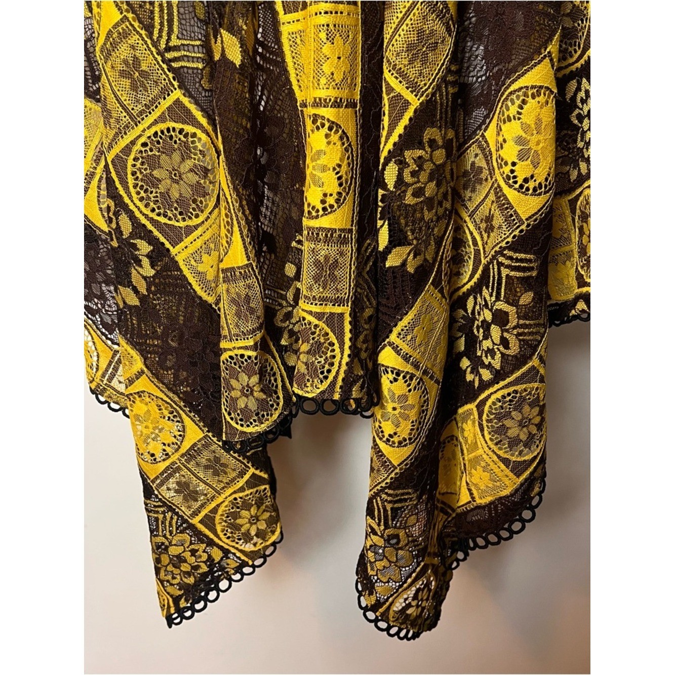 VTG 60s 70s Yellow Brown Lace Overlay Handkerchief Hem Midi Dress Sz S/M