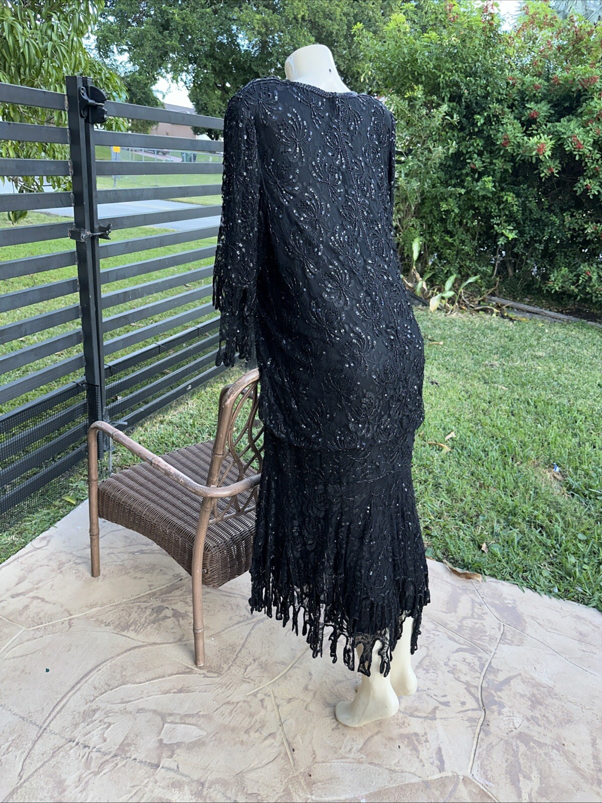 VTG JUDITH ANN CREATIONS BLACK SILK HEAVELY BEADED ASYMMETRIC HEM DRESS Sz XL