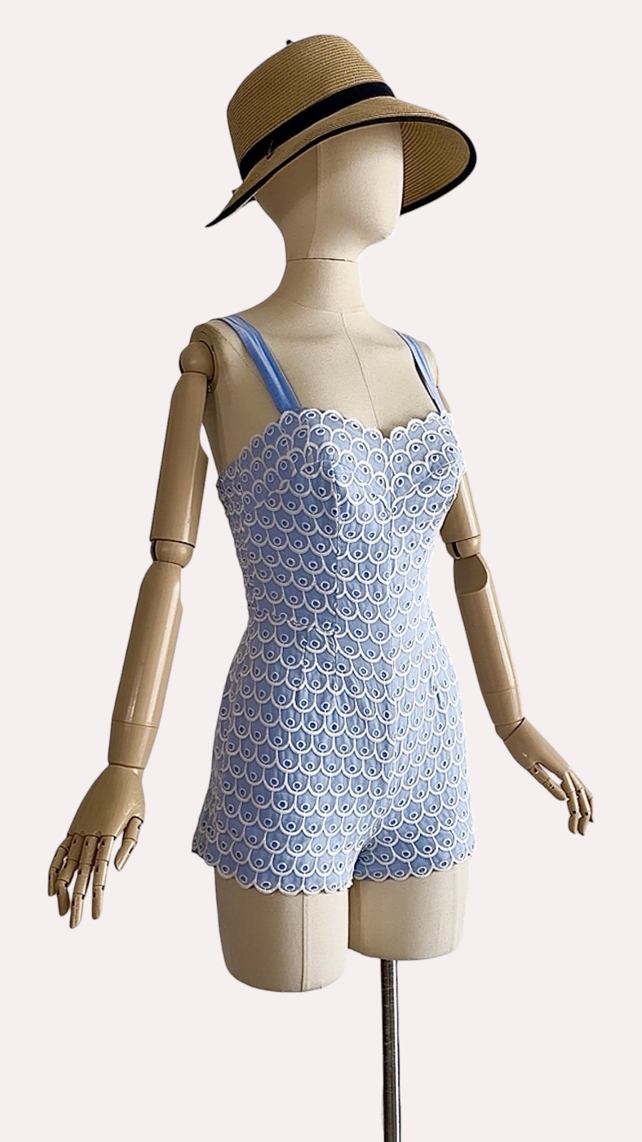 Documented Vintage 1950s JANTZEN Pinup Blue Romper Playsuit Embroidered Eyelet