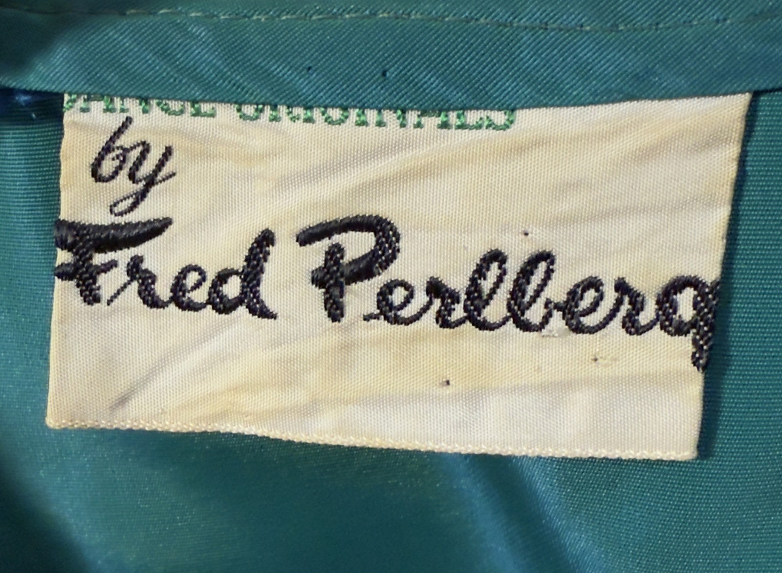 1950s Vintage Fred Perlberg Aqua Satin Cocktail Dress With Beaded Crumb Catcher