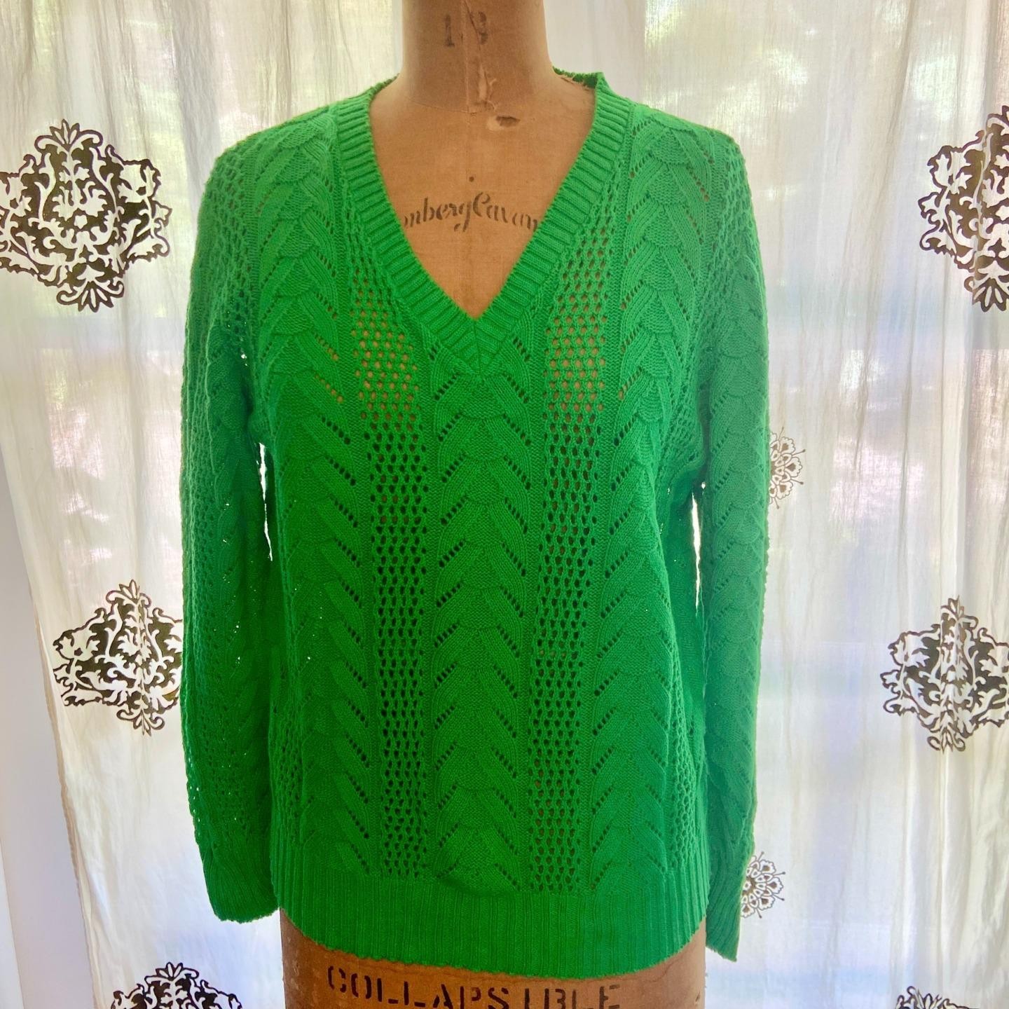 Vintage 60s BRITISH VOGUE Mod Green Openwork Cable Crochet Sweater Cottagecore M