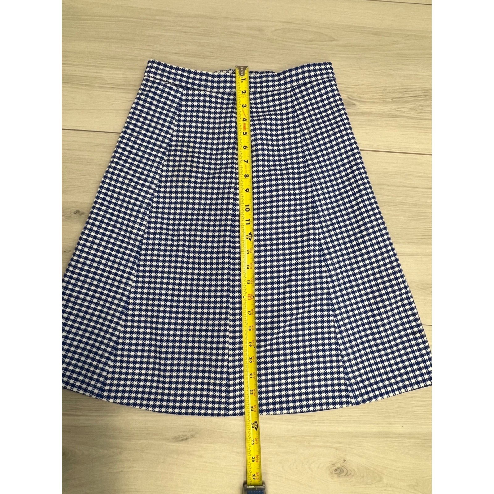 Vintage Houndstooth Midi Skirt Blue White A-Line High Waist Mod Retro 60s Preppy