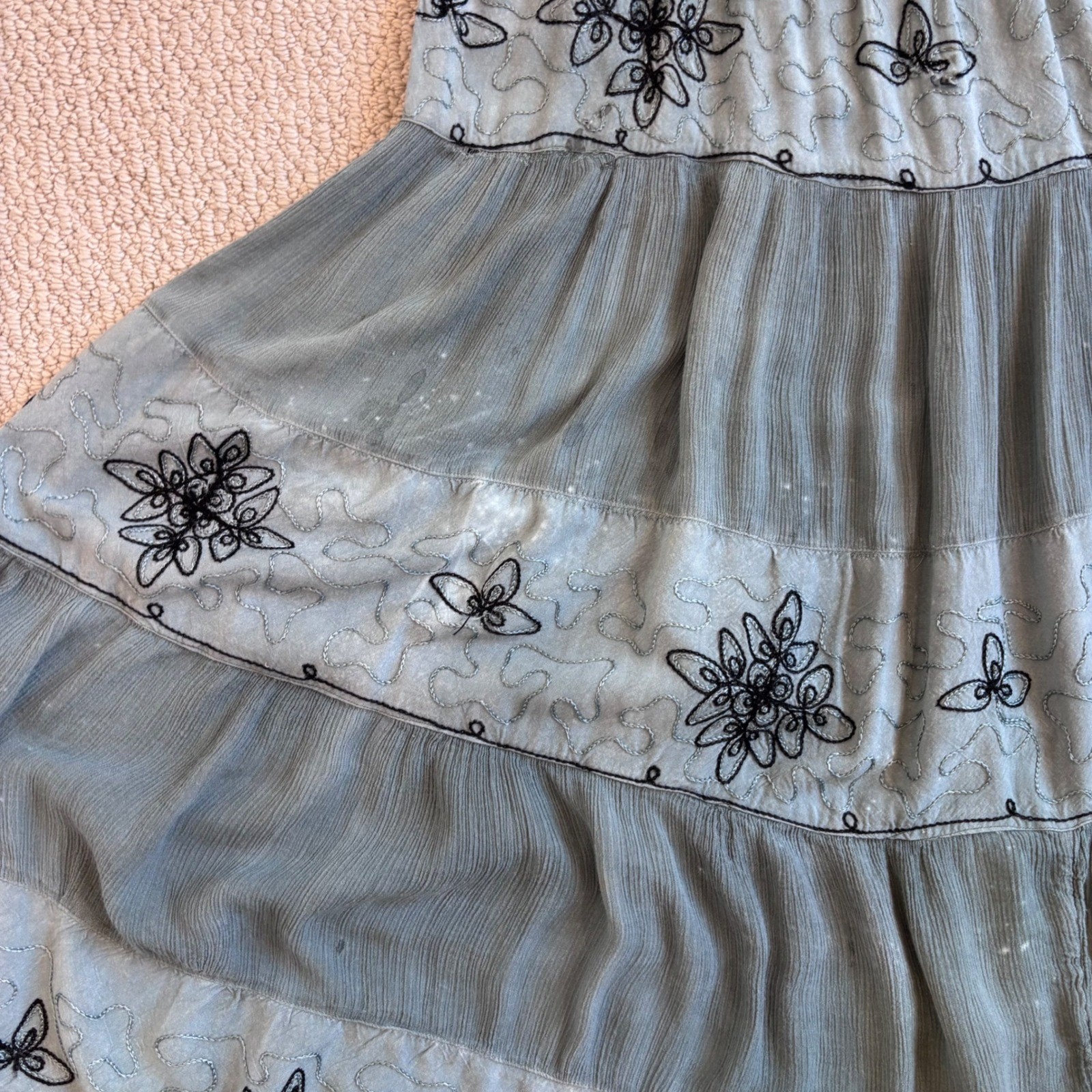 Vintage Cottage Blue Grey Embroidered Tiered Midi Dress, Medium Boho Ren Faire