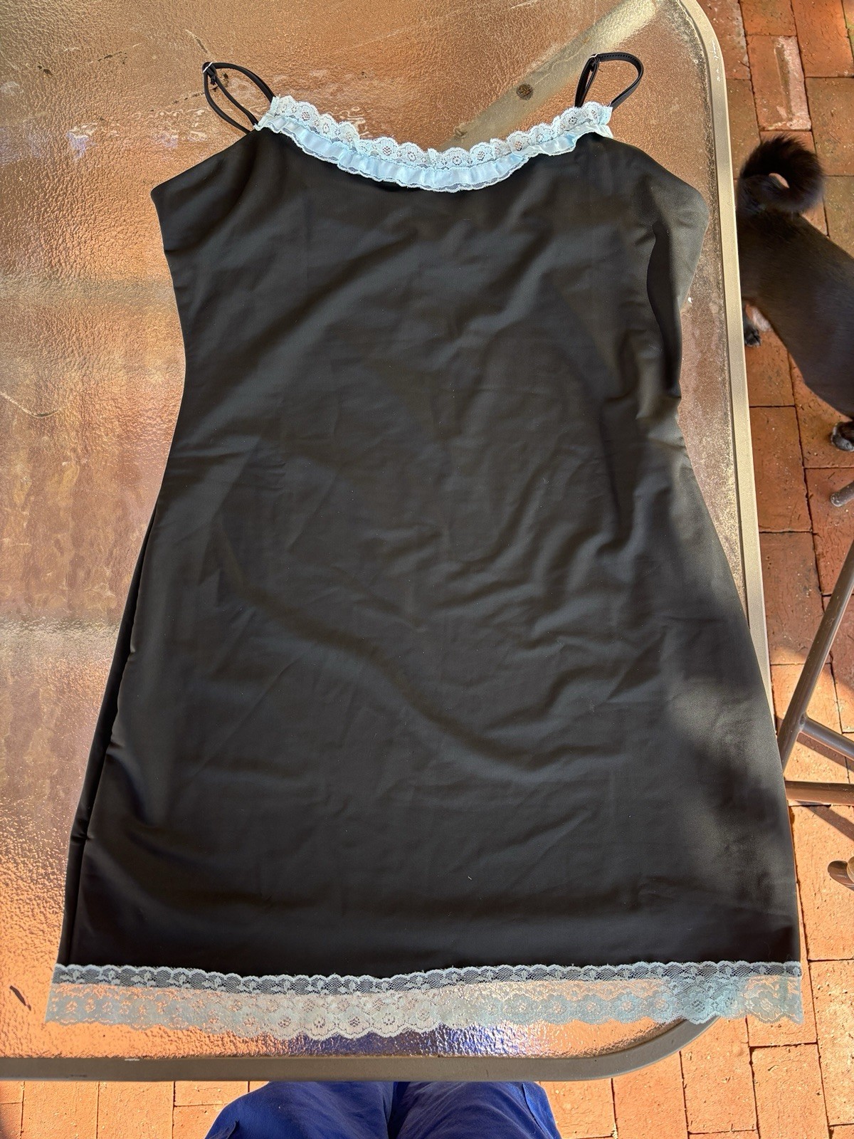 Finesse Women’s Black Slip Dress with Blue Lace Trim, Blue Accents, Size M