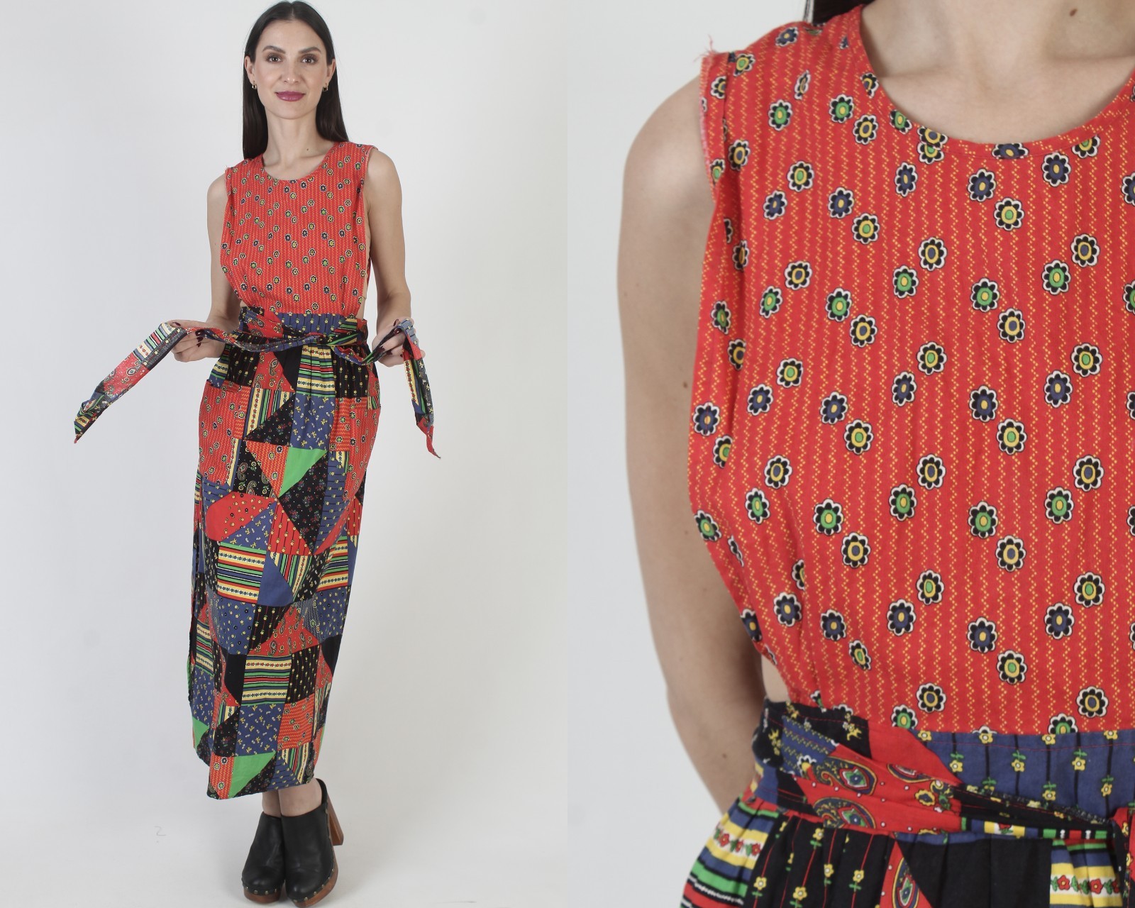 Vtg 70s Patchwork Pinafore Country Farm Calico Red Apron Boho Prairie Sundress