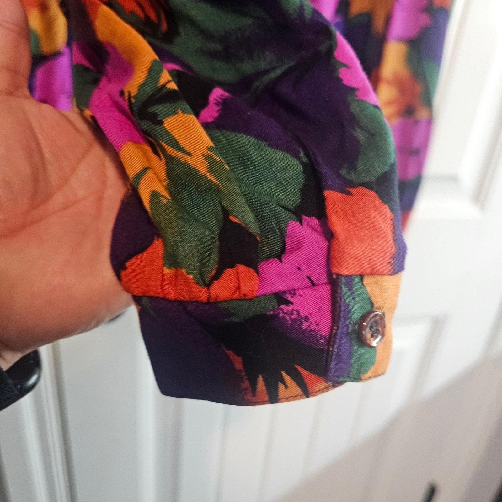 Vintage 80s Floral Blouse Women Large Purple Glam Career Mock Neck Boho Retro