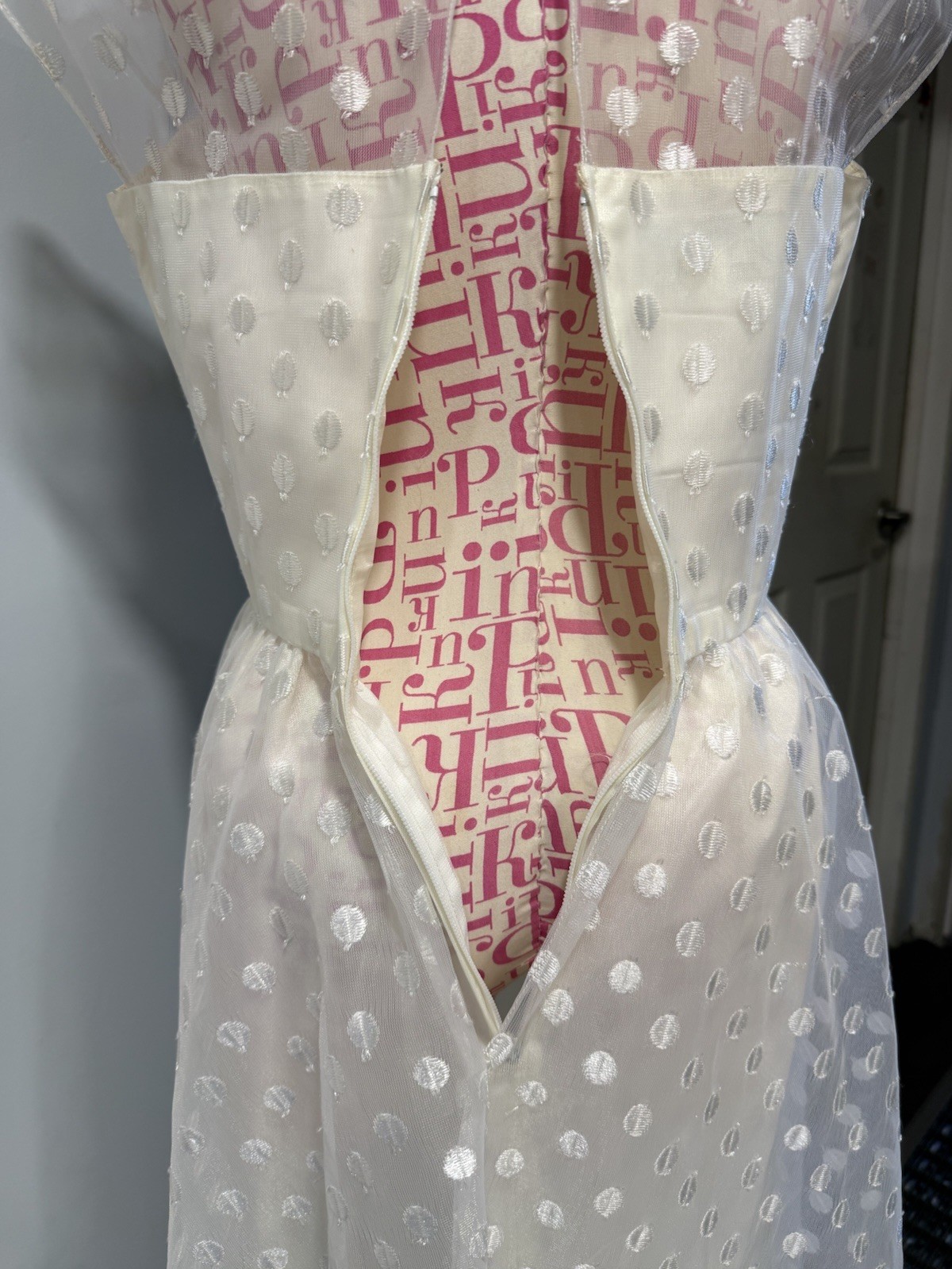 1950s Warren Petites Ivory Polka Dot Tulle Illusion Dress Tea Length Size 6