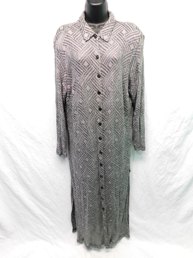 Vintage SL Fashions 18W XL Silver Sparkle Knit Maxi Dress Button Front Unlined